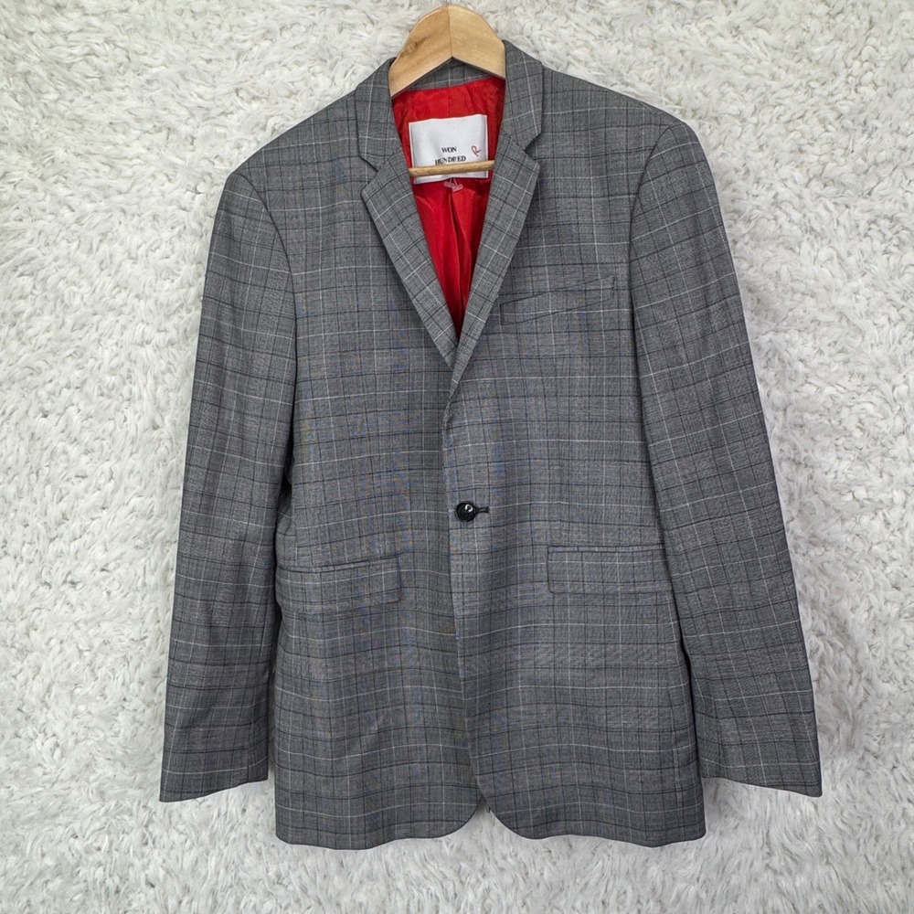 Won Hundred Oscar Blazer 48 Grey Plaid Wool Blend Slim Scandi Minimalist